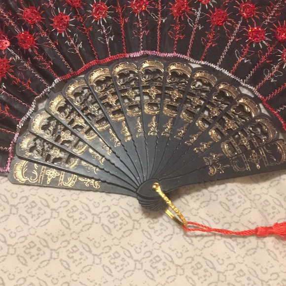 Red Black Gold Fabric & Plastic Fan with Tassel - Picture 4 of 7